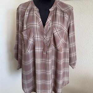 Torrid Checkered Blouse in Brown and Cream